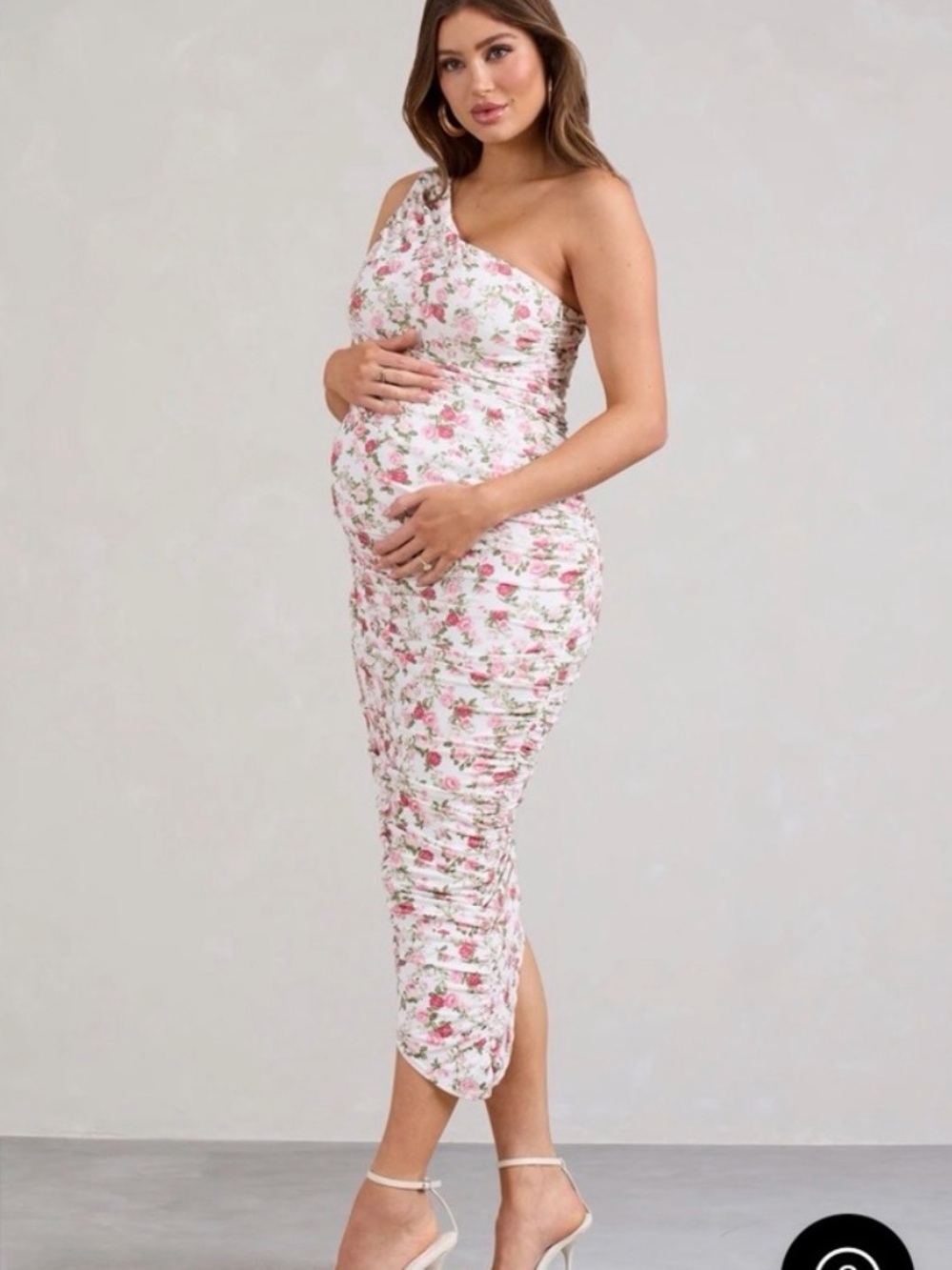 Club L London One-Shoulder Floral Maternity Dress in White and Pink